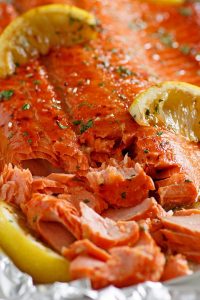 Foil-wrapped salmon with honey garlic sauce.