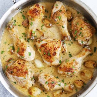 One pan garlic butter chicken in creamy sauce.