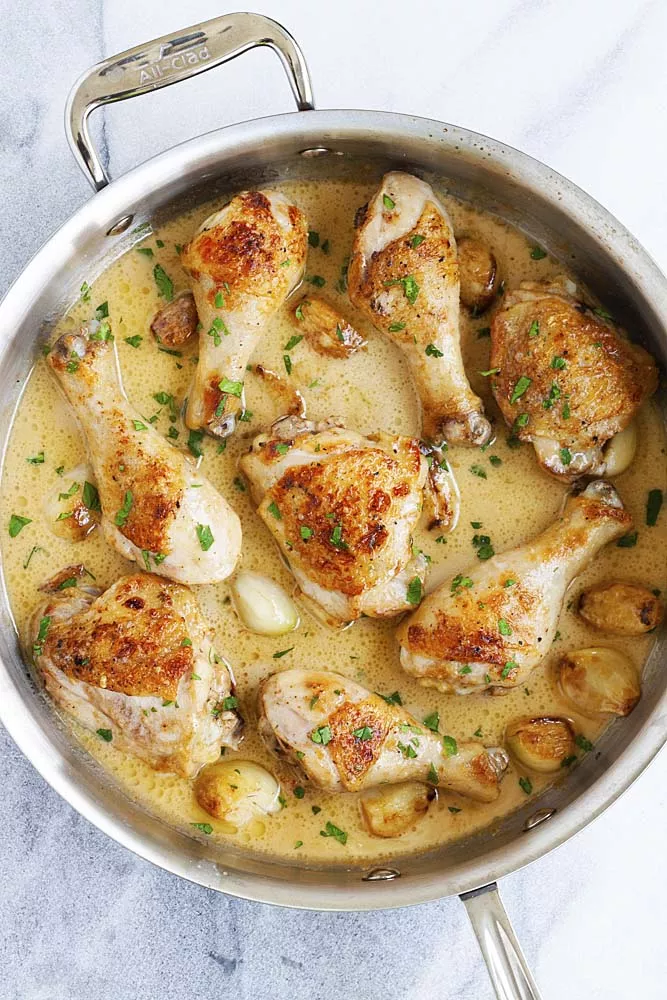 One pan garlic butter chicken in creamy sauce.