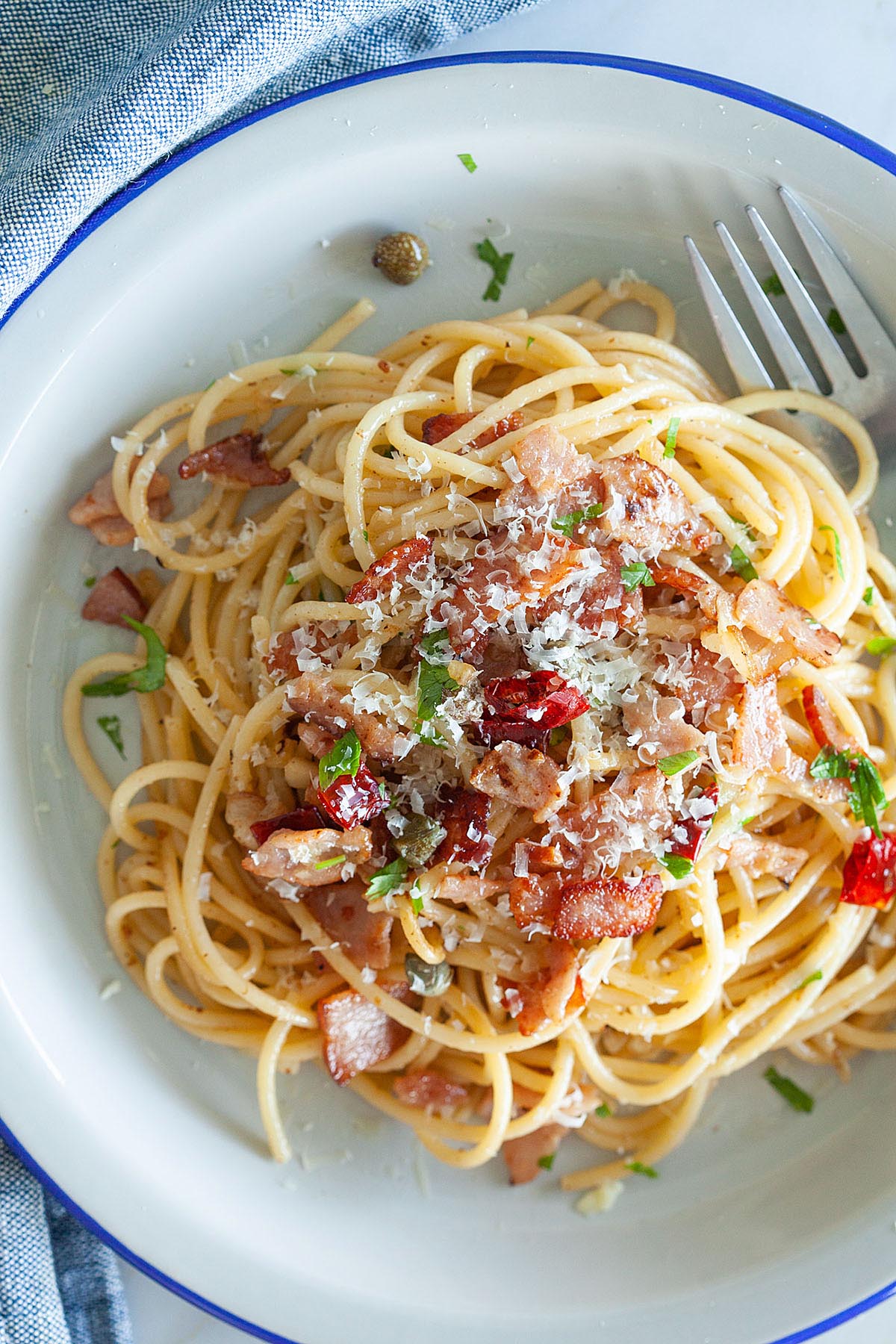 An image of a bowl of bacon pasta