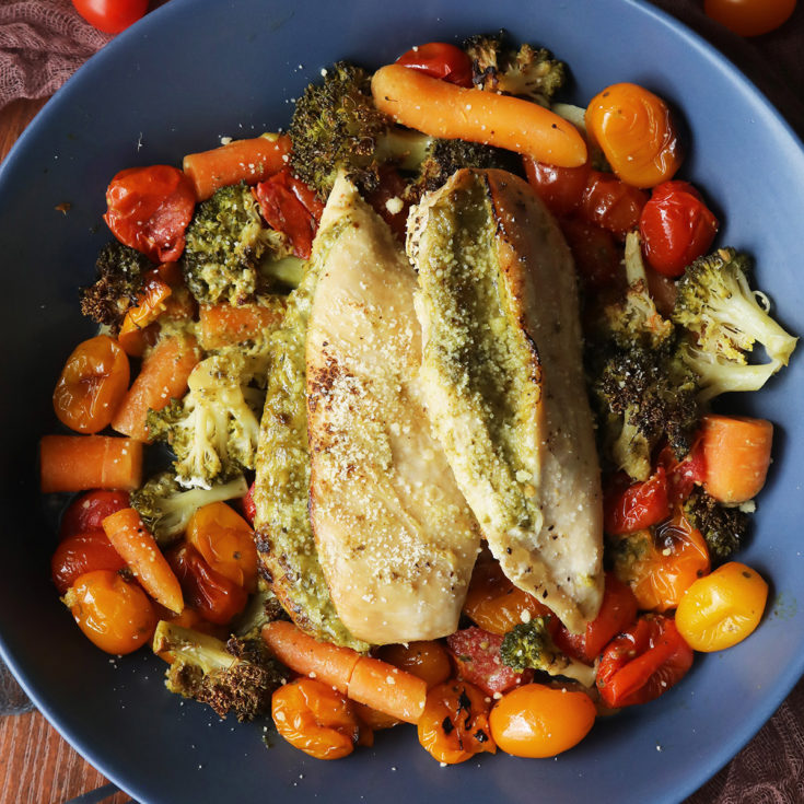 Pesto Stuffed Chicken Breasts with Roasted Vegetables